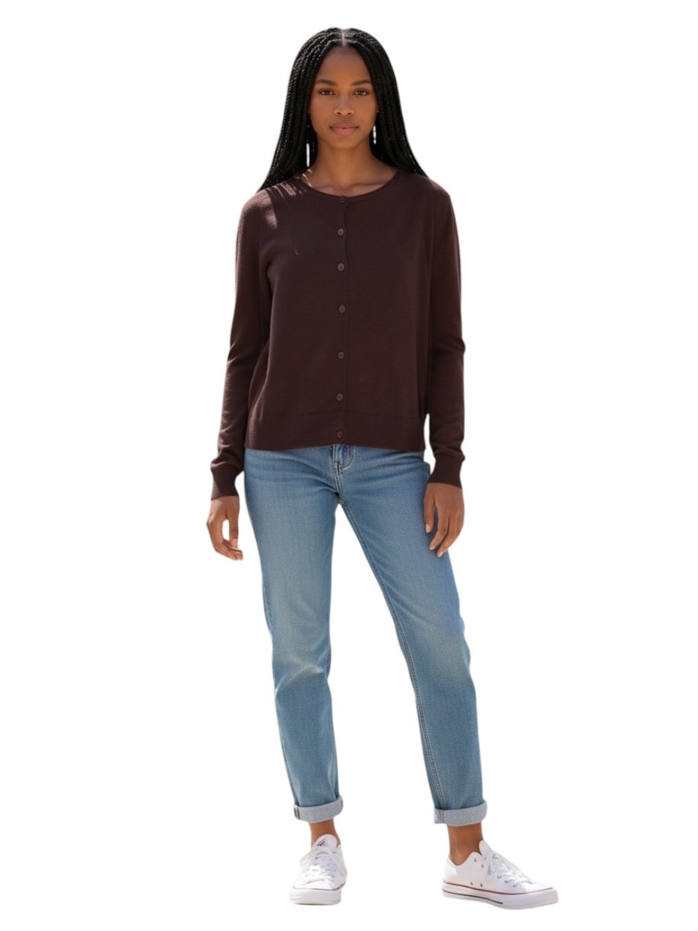 Studio M Chocolate Brown Crewneck Button Front Cardigan Knit Sweater